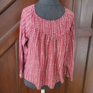 Lucky Brand Womens Red Long Sleeve Blouse With Smocked Yoke & Cuffs Size M